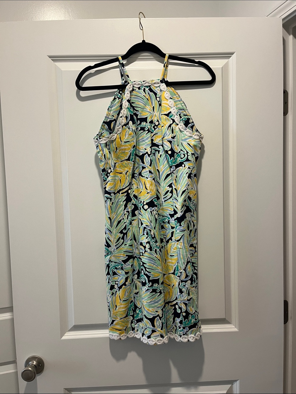 crown & ivy Black Floral-Leaf Midi Dress with Yellow and Teal Accents